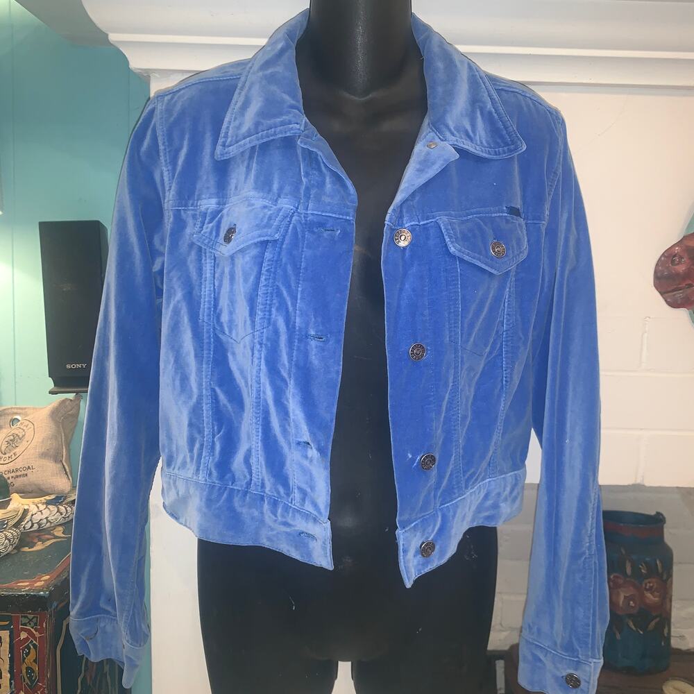 VINTAGE 90s PERIWINKLE BLUE VELVET JEAN JACKET S